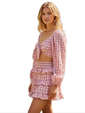 NWOT ILLA ILLA Anthropologie Pink Plaid Two Piece Crop Top Ruffle Skirt Set S